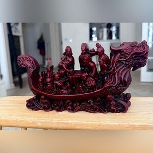 Vintage Chinese Cinnabar Style Red Resin Dragon Boat Eight Immortals 10” by 5.6”